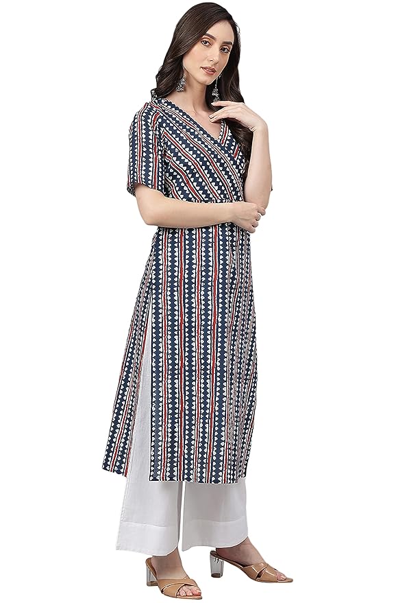 Women's Navy Blue Pure Cotton Geometric Straight Kurta