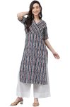 Women's Navy Blue Pure Cotton Geometric Straight Kurta