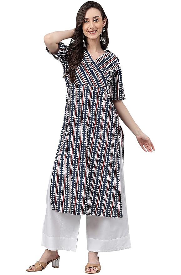 Women's Navy Blue Pure Cotton Geometric Straight Kurta